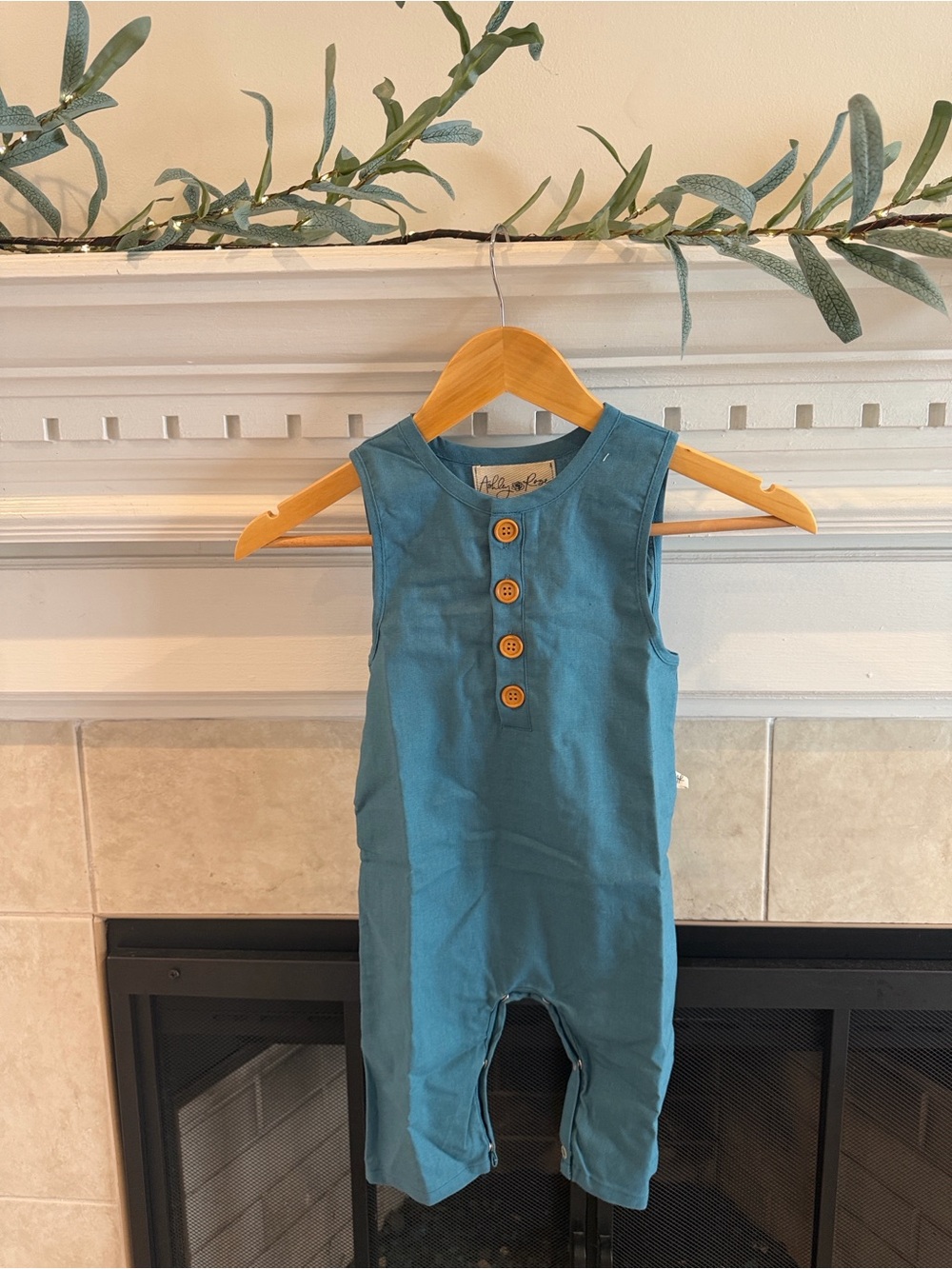 Sleeveless Teal Baby Romper with Wooden Button Placket